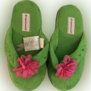 American Girl Lime Green Slippers with Pink Floral Accent Retired.